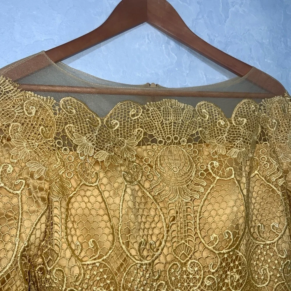 TS Couture Mustard Yellow Lace Long Sleeve Peplum Satin Mermaid Formal Gown NWT